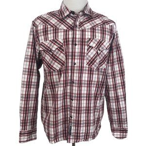 Southpole‎ Shirt Mens Large L Plaid Red White Western Cowboy Button Long Sleeve